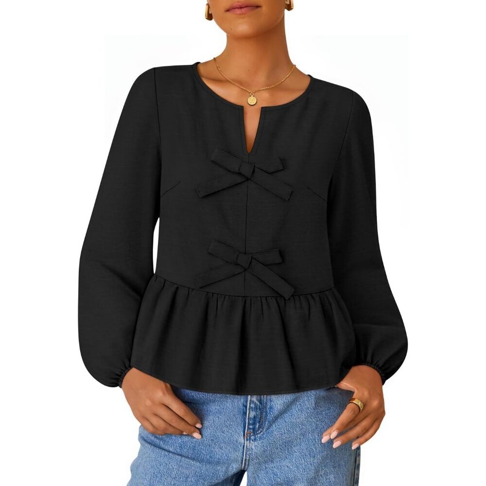 Women's Long Sleeve Babydoll Top Viscose Casual Ruffle Peplum Tie Front